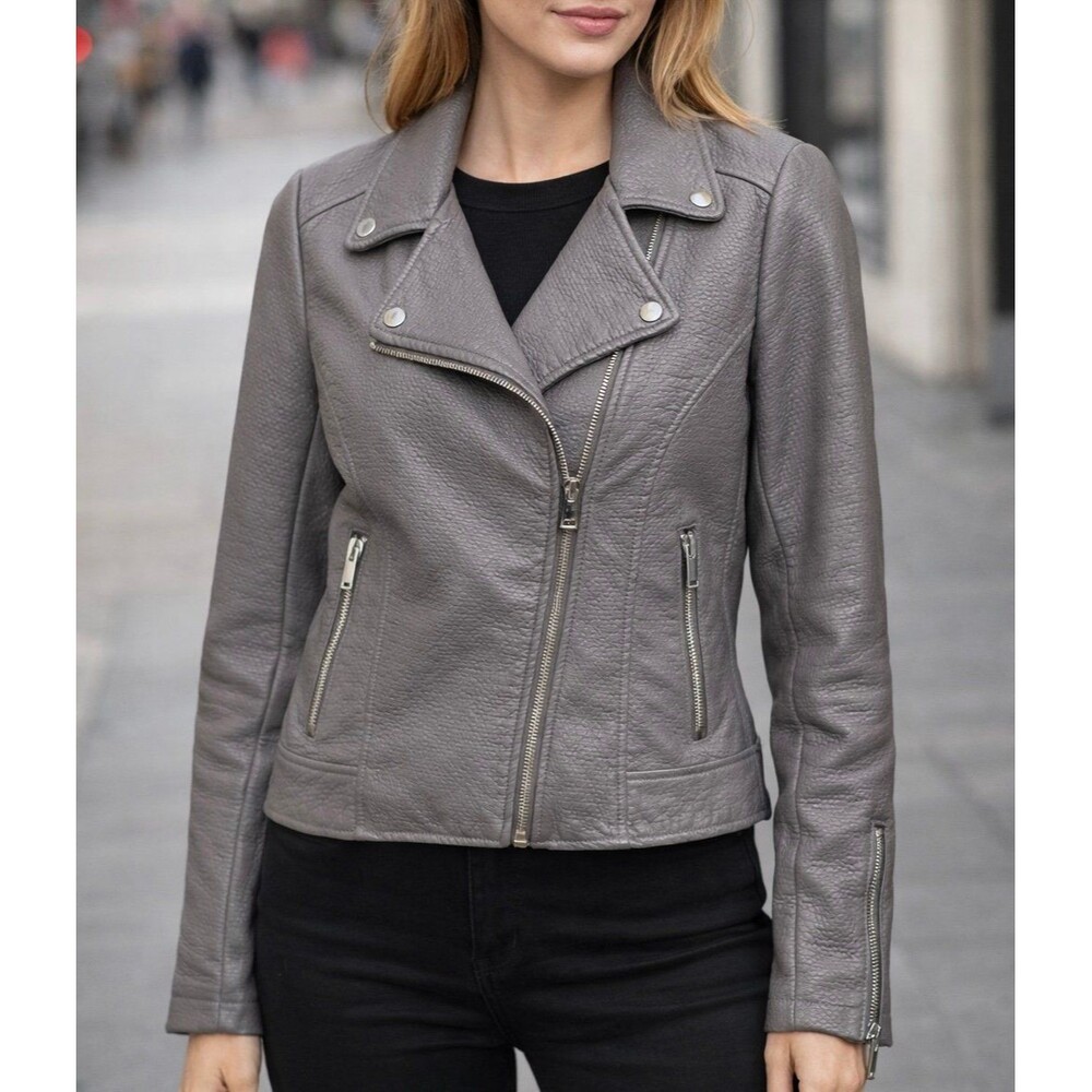 NWT Ny&Co Women’s Medium Gray Vegan Faux Leather Moto Biker Jacket